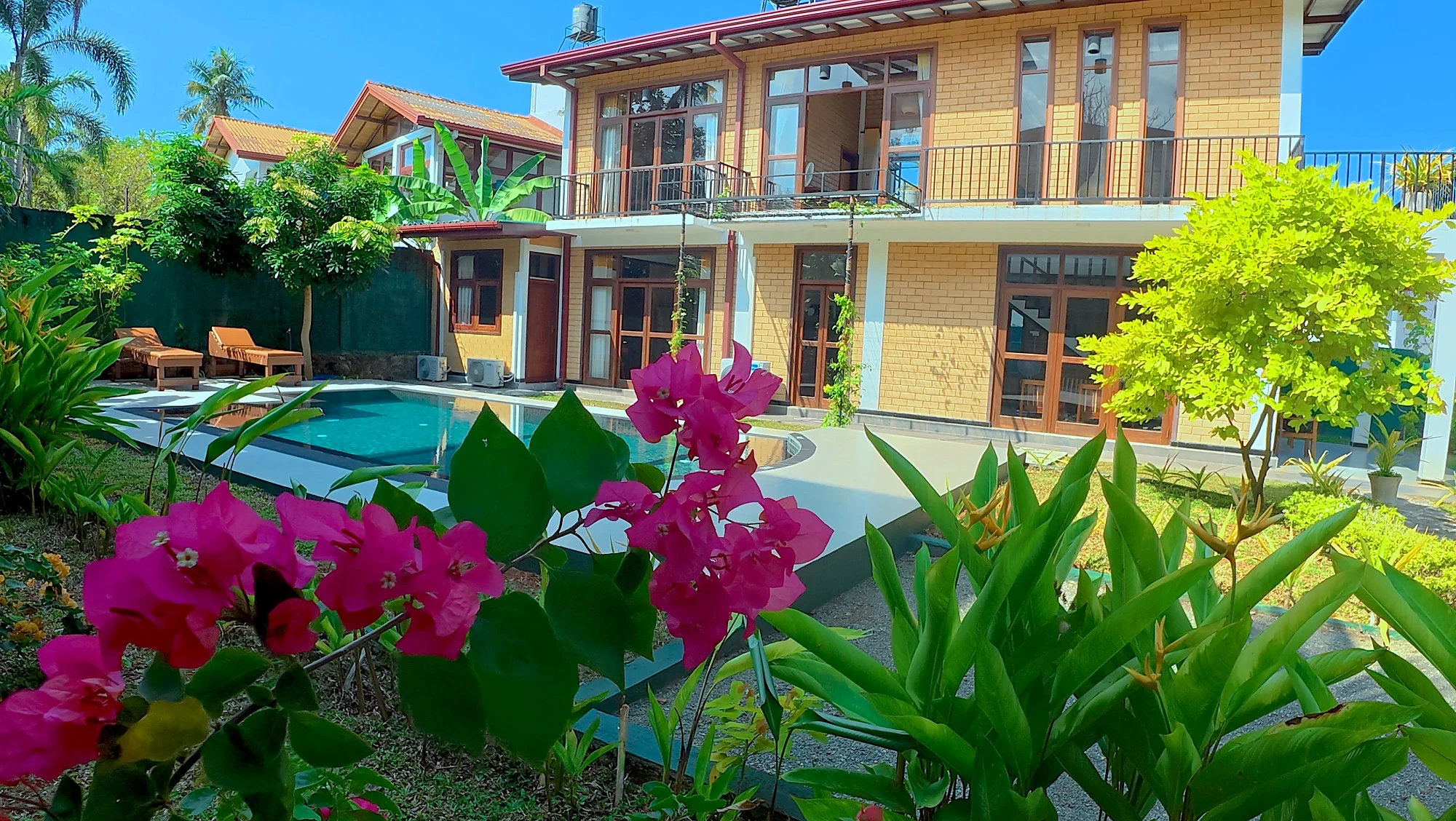 زهور استوائية والفيلا والمسبح خلفها — Syndeo Garden, هيكادوا